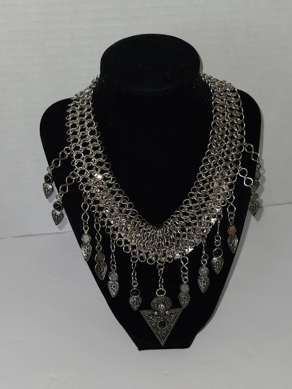 Silver Tone Filigree Fringe Statement Necklace BIB -CHAINMAIL